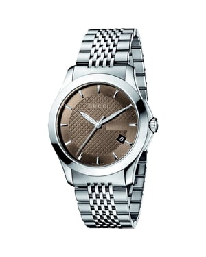 Gucci G-Timeless herenhorloge YA126406 met bruine wijzerplaat en zilveren armband