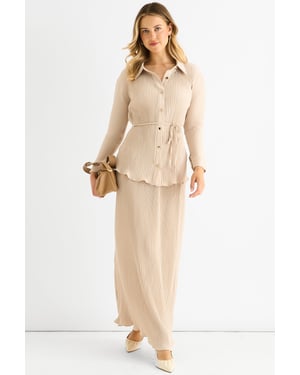 Beige plissé maxi-rok met elastische tailleband