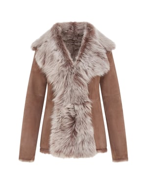 Dames Taupe Schapenvacht Toscana Shearling Suède Leren Jas - Noiré