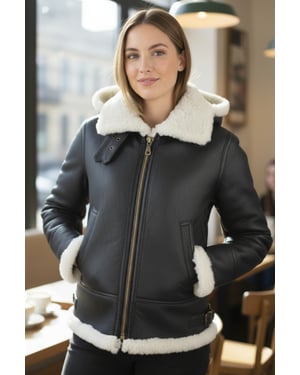 Dames Bruin Crèmekleurige Hooded Sheepskin Flying Bomber Leren Jas - Sovereign