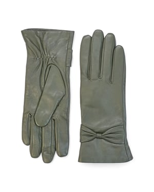 Dames olijfgroene Italiaanse leren winterhandschoenen met zachte wollen voering en strikmotief