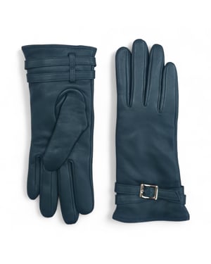 Dames winterhandschoenen met gesp en zachte wollen voering in Italiaans leer in blauwgroen