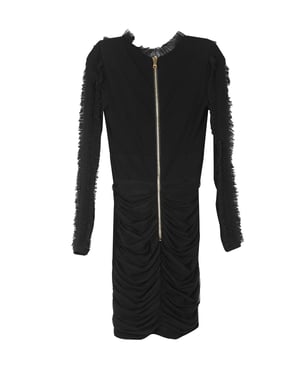Balmain Zwarte Viscose Met Rimpelige Tule Accentuerende V-Hals Lange Mouwen Mini Jurk