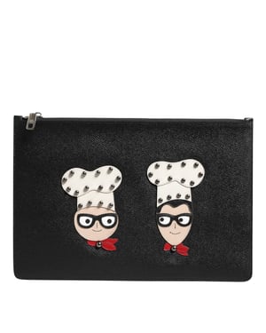 Zwarte Leren #DGFAMILY Versierde Heren Clutch Pouch Tas