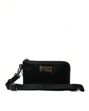 Zwarte Nylon Logo Plaquette Sleutelhanger Pouch Clutch Tas