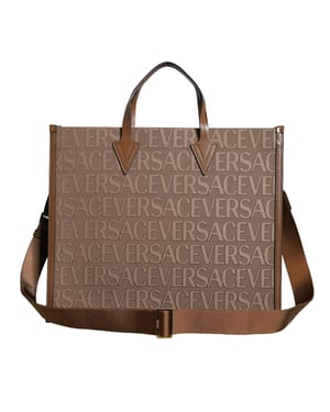 Bruine Top Handle Jacquard Leren Logo Crossbody Tote Bag