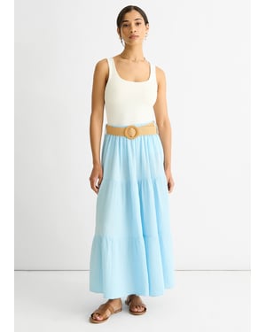 Blauwe katoenen seersucker maxi-rok met ceintuur