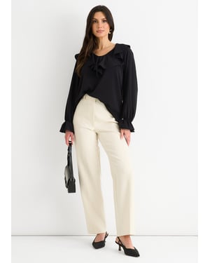 Zwarte wijde blouse met ruches en losse pasvorm