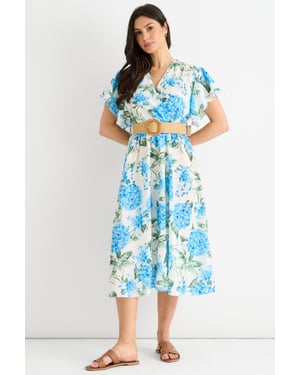 Blauwe midi-jurk met bloemenprint, engelenmouwen en ceintuur