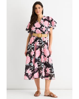 Zwarte midi-jurk met bloemenprint, engelenmouwen en ceintuur