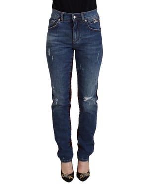 Versleten Denim Jeans Rood Zwart Ruit