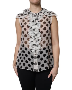 Gestippelde Zijde Blouse met Rimpelnek