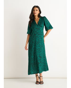 Groene midi-jurk van satijn met dierenprint