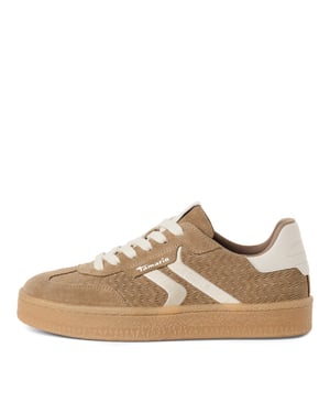 Tamaris Vrouwen Taupe Leren Sneakers met Witte Strepen