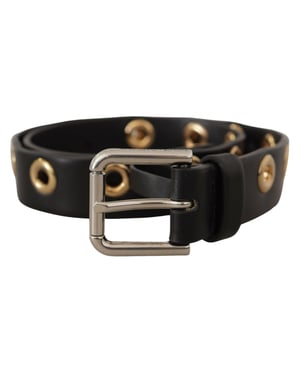 Dolce & Gabbana Zwarte Leren Ooglet Metalen Gesp in Zilver Tint Riem