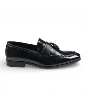 Herenschoenen in zwart met kwastjes, hoogglanzend lakleer, imitatieleer.
