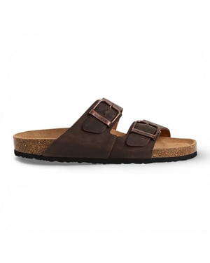 Tamaris herenslippers van bruin leer met instapzool en voetbed.