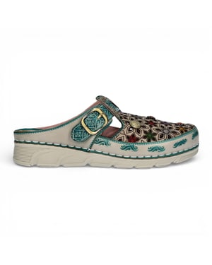 Laura Vita Dorry 01 damessandalen met bloemenprint, blauwe leren sleehak.