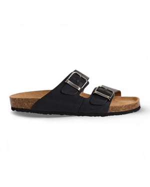 Tamaris herenslippers van zwart leer met instapzool en voetbed.