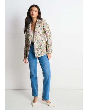 Beige bloemenjacquard getailleerd jasje
