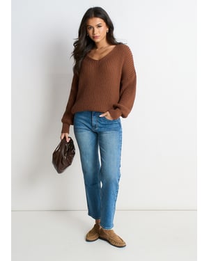 Bruine oversized trui met grove steken