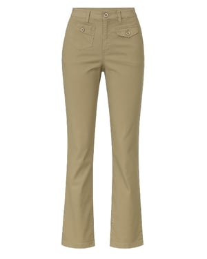 Getailleerde beige broek met hoge taille en klepzakken.