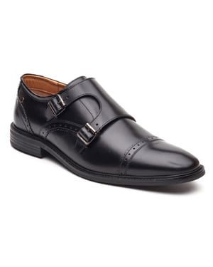 Base London Henley Monk Leer Heren Zwarte Dubbele Monk Schoenen