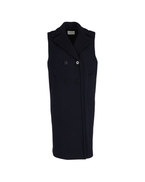 Sandro Paris mouwloze double-breasted jas van marineblauwe wol.