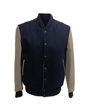 Bomberjack van Mr. P. Melton in marineblauwe wol en leer.