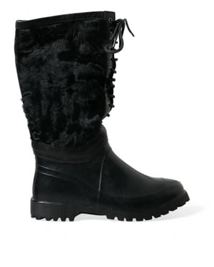 Dolce & Gabbana Zwarte Rubber Veterschoenen met Schapenvacht Regenboots