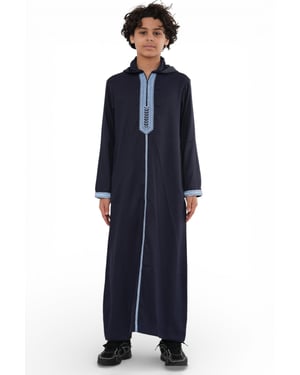 Kinderjongens marineblauwe Eid-jas met capuchon, Marokkaanse Thobe Djellaba Ramadan Jubba - K-HM3