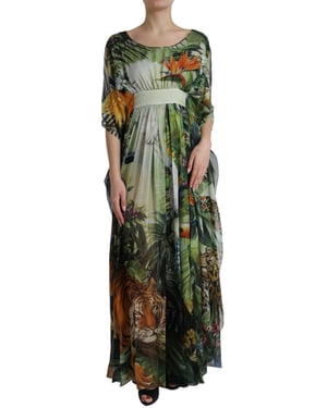 Geprinte Zijde Kaftanjurk Jungleprint Maxi Jurk