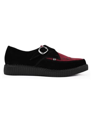 TUK Pointed Creeper Black Burgundy Suede Monk Buckle Platform Shoes - A9592