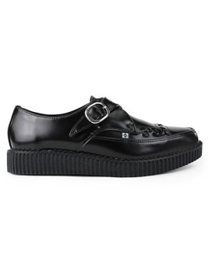 TUK Pointed Creeper Black Leather Monk Buckle Platform Shoes - A8520