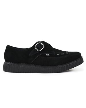 TUK Pointed Creeper Black Suede Monk Buckle Platform Shoes - A8139