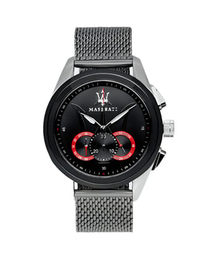Maserati Traguardo herenhorloge met chronograaf, zwarte wijzerplaat en zilverkleurige mesh armband