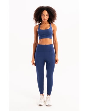 JUSTEVER High Waist Elastic Pocket Relaxed Cut Slimming Jogger Navy Blue Women's Sweatpants - Beat