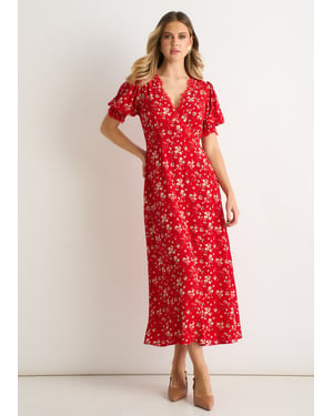 Rode viscose midi-jurk met kanten rand