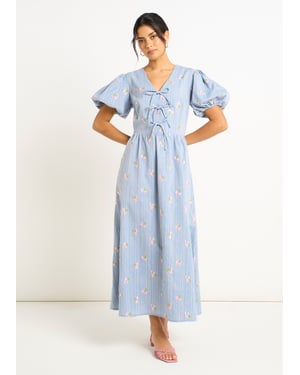 Blauwe katoenmix midi-jurk met strikdetail en pofmouwen