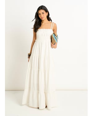 Witte katoenen maxi-jurk met ruches en bandjes