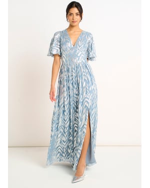 Blauwe metallic print maxi-jurk met korte mouwen