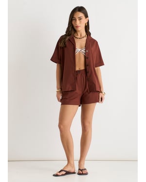 Oversized overhemd met knopen van chocoladebruin linnenmix