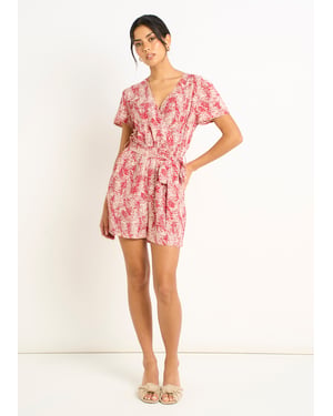 Rode abstracte dierenprint playsuit met overslag en ceintuur