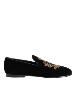 Dolce & Gabbana Zwarte Fluwelen Gouden Kroon Heren Instappers