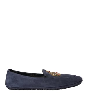 Dolce & Gabbana Blauwe Leren Suède Kristallen Kroon Loafers Schoenen