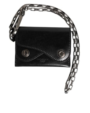 Dolce & Gabbana Zwarte Cavallo Leren Portemonnee Ketting Drukknop Bifold Kaart Houder
