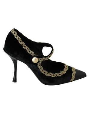 Dolce & Gabbana Zwarte Versierde Fluwelen Mary Jane Pump Schoenen