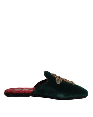 Dolce & Gabbana Groene Fluwelen Kruz Sieraden Slippers Schoenen