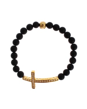 Nialaya Matte Onyx Steen Gouden CZ Kruis 925 Zilveren Armband
