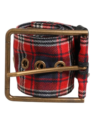 Dolce & Gabbana Rode Geruite Stof Logo Plaat Messing Gesp Riem